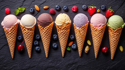 Various of ice cream flavor in cones blueberry ,strawberry ,pistachio ,almond ,orange and cherry setup on dark stone background . Summer and Sweet menu concept