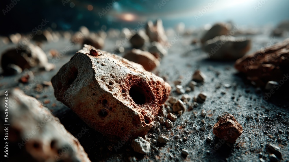 Poster a close-up view of a textured asteroid surface scattered with debris, showcasing its rugged features