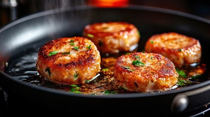 Four golden-brown patties sizzling in a pan, releasing steam and aroma, creating an inviting and appetizing scene that highlights culinary favorites and cooking techniques.