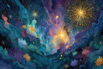 Fototapeta premium Abstract holiday background with fireworks and stars