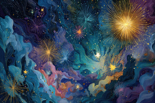 Abstract holiday background with fireworks and stars