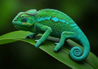 Obraz premium Vibrant Green Chameleon on Lush Leaf Close-Up Photography