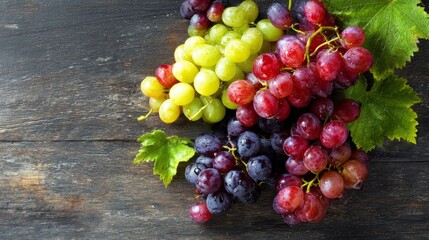Top view of assorted juicy grapes arranged on a wooden table with copy space