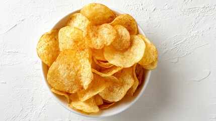 Top-down view of crispy potato chips in a bowl on a white surface