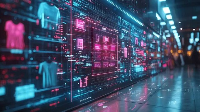 Futuristic digital clothing catalog displayed on a large holographic screen