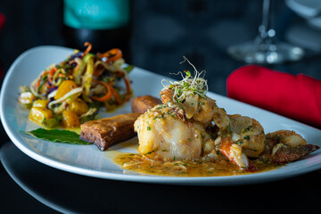 Fish and Shrimp Oreganata with mixed vegetables