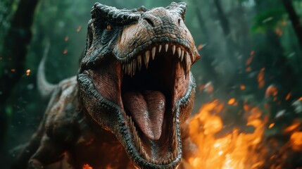 A menacing T-Rex roaring in a lush, prehistoric forest setting, capturing the fierce power and dramatic presence of this iconic dinosaur in a vivid depiction.