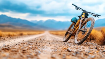 Obraz premium A rugged mountain bike leaning against a post on a dusty trail surrounded by mountains and fields, embodying adventure and the thrill of outdoor exploration.