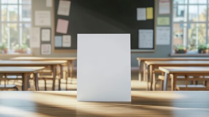 Blank white flyer mockup on wooden desk in classroom.