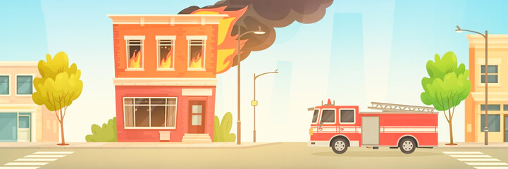 A 2D cartoon shows a burning brick building, fire truck nearby, smoke rising, trees and buildings lining the street
