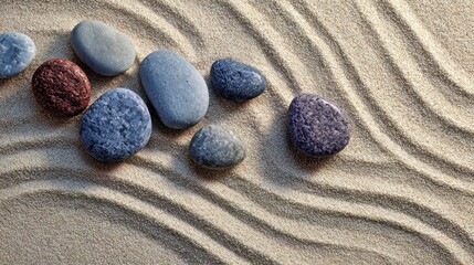 Zen-inspired pattern of smooth stones arranged in sand to symbolize calm and harmony