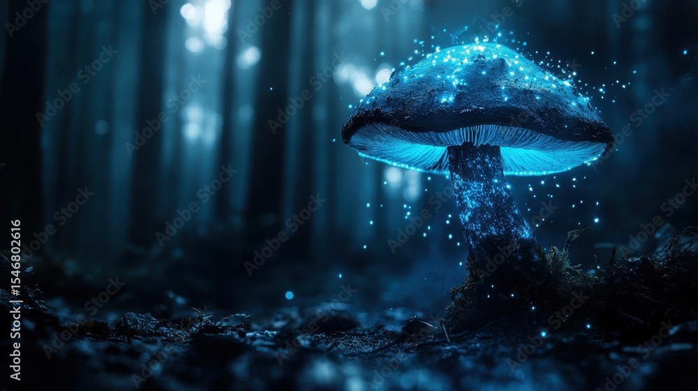 Poster an ethereal blue mushroom illuminated with sparkling light in a shadowy forest, merging reality with