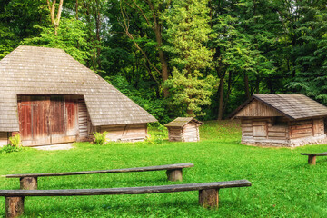 Ancient historical wooden structures are surrounded by trees