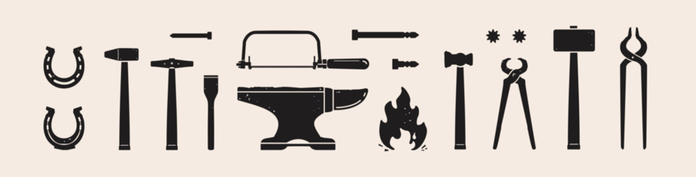 Set of blacksmith tools graphic icons. The most complete collection of forging tool signs isolated on a white background.