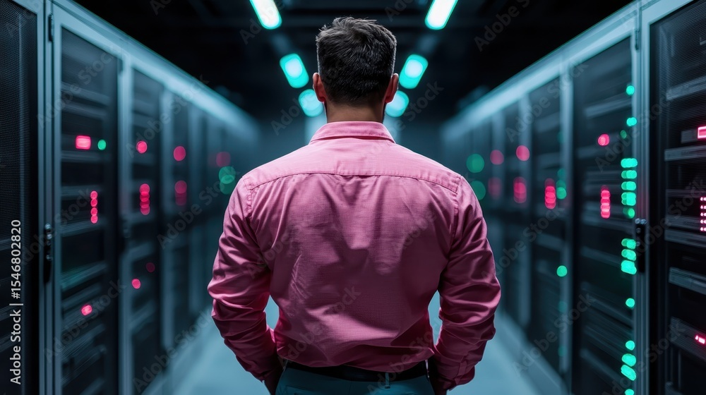 Aufkleber a focused man stands before towering rows of digital servers in a high-tech data center, symbolizing