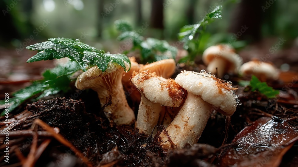 Poster this captivating image features several mushrooms emerging from the forest floor, surrounded by lush