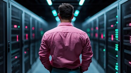 A focused man stands before towering rows of digital servers in a high-tech data center, symbolizing modern technology's vastness, connectivity, and the ever-evolving digital world.