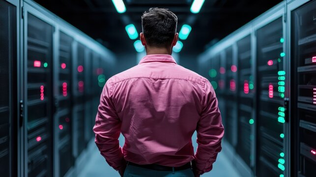 A focused man stands before towering rows of digital servers in a high-tech data center, symbolizing modern technology's vastness, connectivity, and the ever-evolving digital world.
