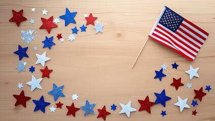 An American flag featuring stars, set against a textured wooden background