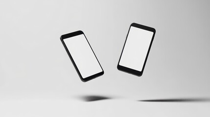 Two black smartphones with blank screens floating against a white background.