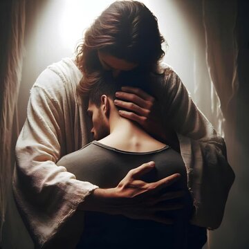 A deeply moving and compassionate scene showing Jesus embracing a young man burdened by pain or inner struggle. A powerful symbol of unconditional love, healing, redemption, and divine acceptance.