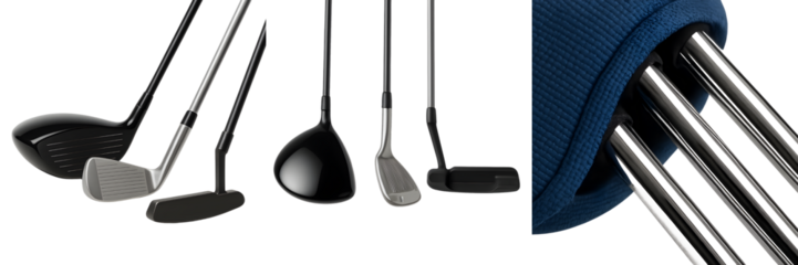 Complete golf club line-up – driver, iron, hybrid, wedge and putter fan spread – realistic 3D render isolated on transparent background