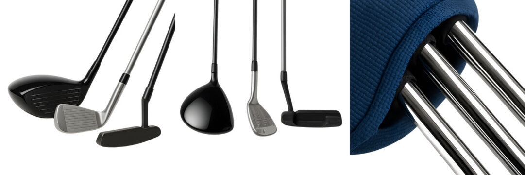 Complete golf club line-up – driver, iron, hybrid, wedge and putter fan spread – realistic 3D render isolated on transparent background