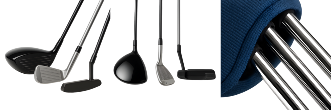 Complete golf club line-up – driver, iron, hybrid, wedge and putter fan spread – realistic 3D render isolated on transparent background