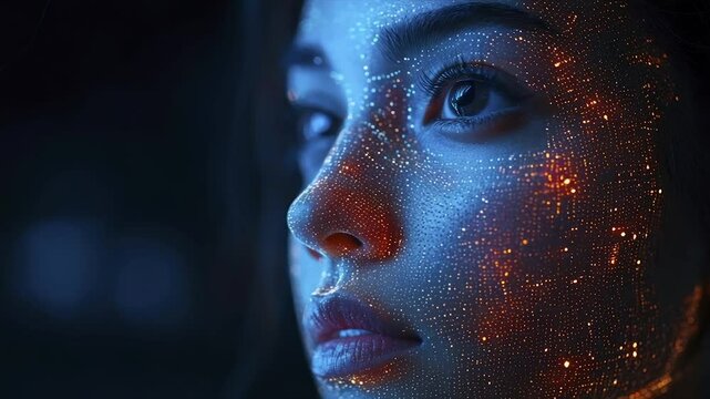 Close-up of a woman's face adorned with glowing, intricate patterns