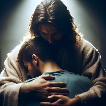 A deeply moving and compassionate scene showing Jesus embracing a young man burdened by pain or inner struggle. A powerful symbol of unconditional love, healing, redemption, and divine acceptance.