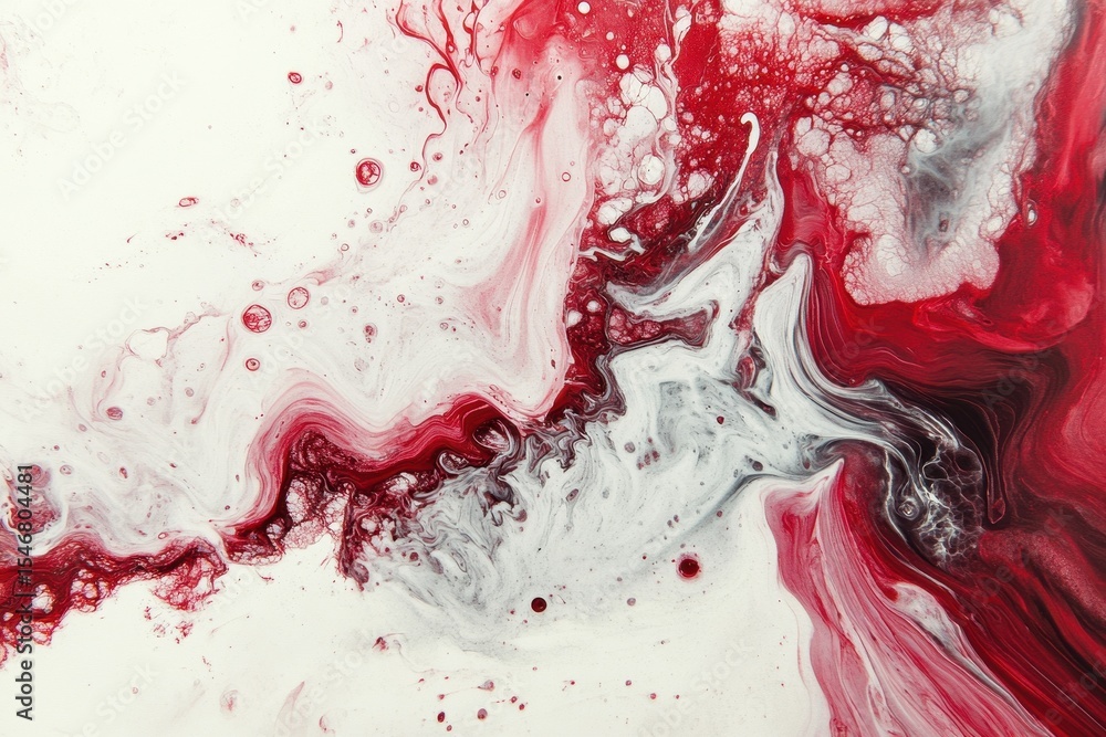 Poster ink swirls of white and red create an artistic blend on a textured surface, white and red ink mixing