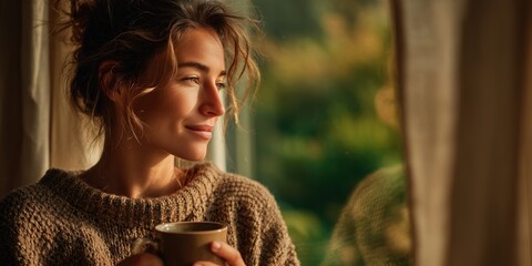 Young Woman Holding Tea Cup, Smiling Calmly at Window with Warm Morning Light and Nature Outside