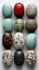 Collection of Colorful and Textured Decorative Eggs Arranged in a Grid Pattern