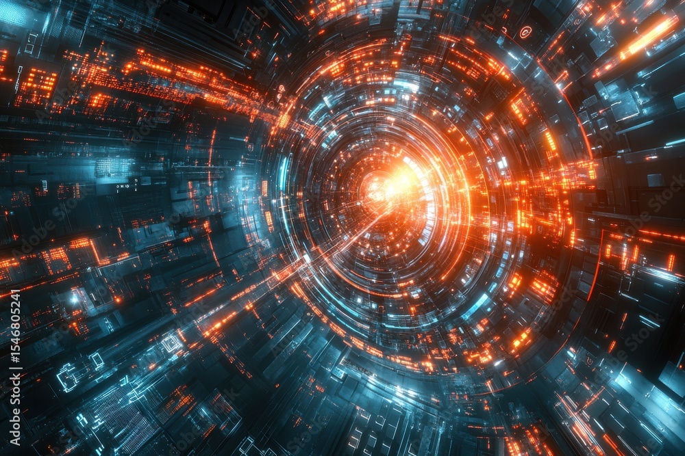 Poster futuristic big data visualization displaying swirling streams of information and glowing data points