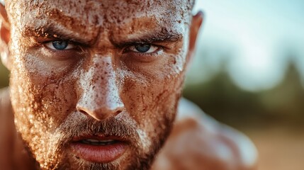 An intense close-up portrait of a determined athlete, showcasing their grit and focus, perfect for representing motivation and strength in sports.