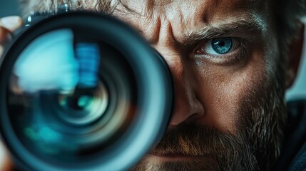 A close-up shot of a determined photographer looking through the lens, capturing the essence of creativity and passion for photography in every shot.