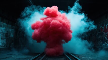 A dramatic explosion of red and blue smoke fills an industrial setting, creating an artistic and vibrant atmosphere that captures attention and evokes strong emotions.
