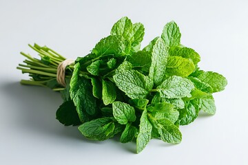 Freshly harvested mint leaves tied with string for herbal tea and cooking