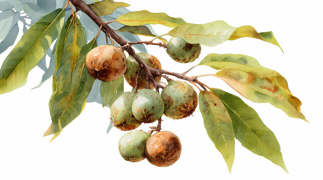 Watercolor Illustration of Soapnut (Reetha) Tree with Nuts and Leaves on White Background
