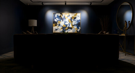 Sophisticated Interior Scene Featuring Abstract Art and Elegant Dark Furniture