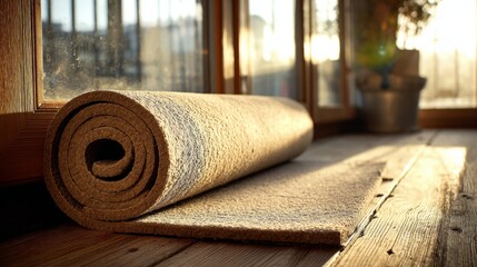 Rolled yoga mat on wooden floor, bathed in morning light / Serene start to a mindful day
