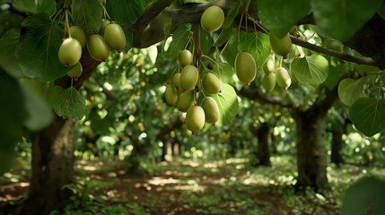 Kiwi Orchard Canopy: A vibrant image of a kiwi orchard, showcasing rows of kiwi vines laden with fresh, green fruit, nestled beneath a canopy of leaves.