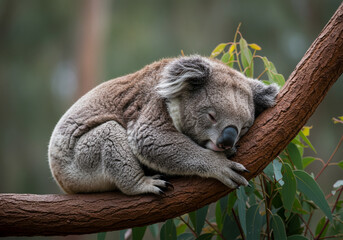 Obraz premium Peaceful Koala Sleeping on a Tree Branch in Australia