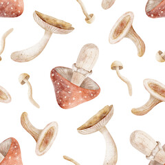 Pattern of watercolor mushrooms, fly agaric, toadstool. Illustration of autumn harvest is hand drawn. Seamless print on isolated background for design textiles, fabrics, wallpaper, packaging, clothes