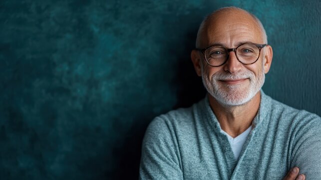 A warm portrait of a mature man smiling gently, displaying wisdom and confidence, contrasting with a textured blue background, radiating a sense of warmth and kindness.
