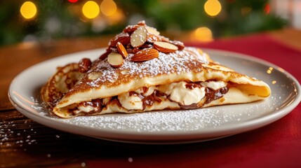 A delicious crepe filled with chocolate and bananas, garnished with almonds and powdered sugar, beautifully presented on a festive plate, perfect for dessert enthusiasts.
