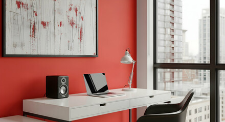 Modern Workspace With Red Accent Wall And City View For Productivity