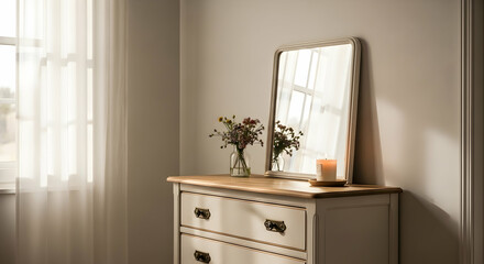 Elegant Dresser With Mirror And Dried Flowers In Bright Room Interior