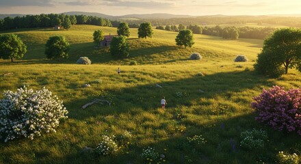 Serene spring meadow landscape with blooming flowers and distant hills sun day sky art calm field
