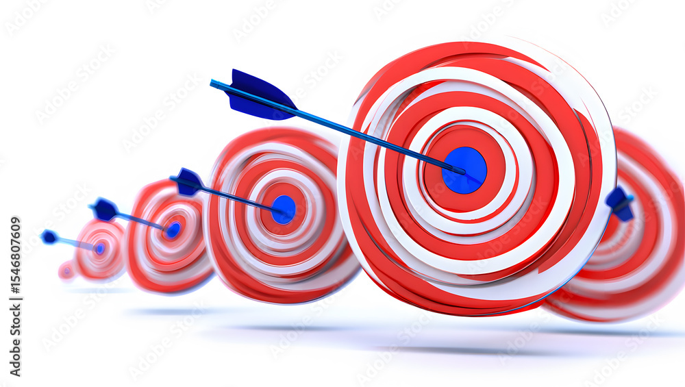 Poster multiple targets with arrows hitting the bullseye, illustrating success and accuracy in achieving go